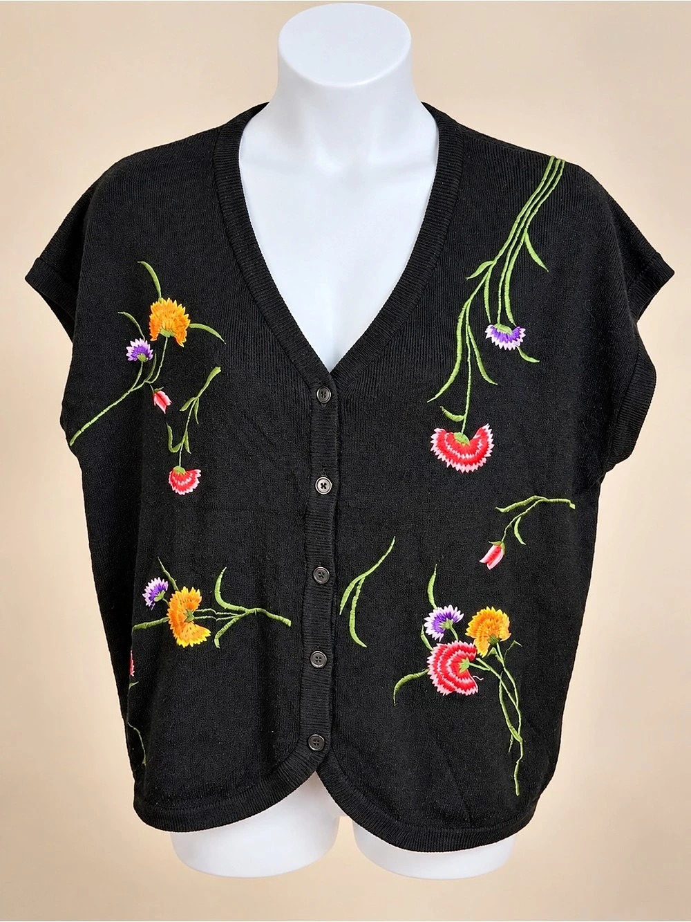 WWS Black Floral Embroidered Short Sleeve Button Cardigan Vest Size 46